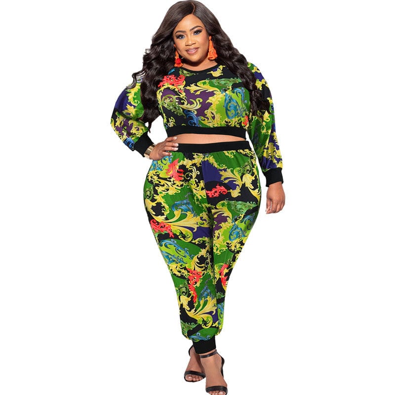 fall Fashion casual plus size women's clothing New ribbed knitted paisley print pattern pant two-piece set