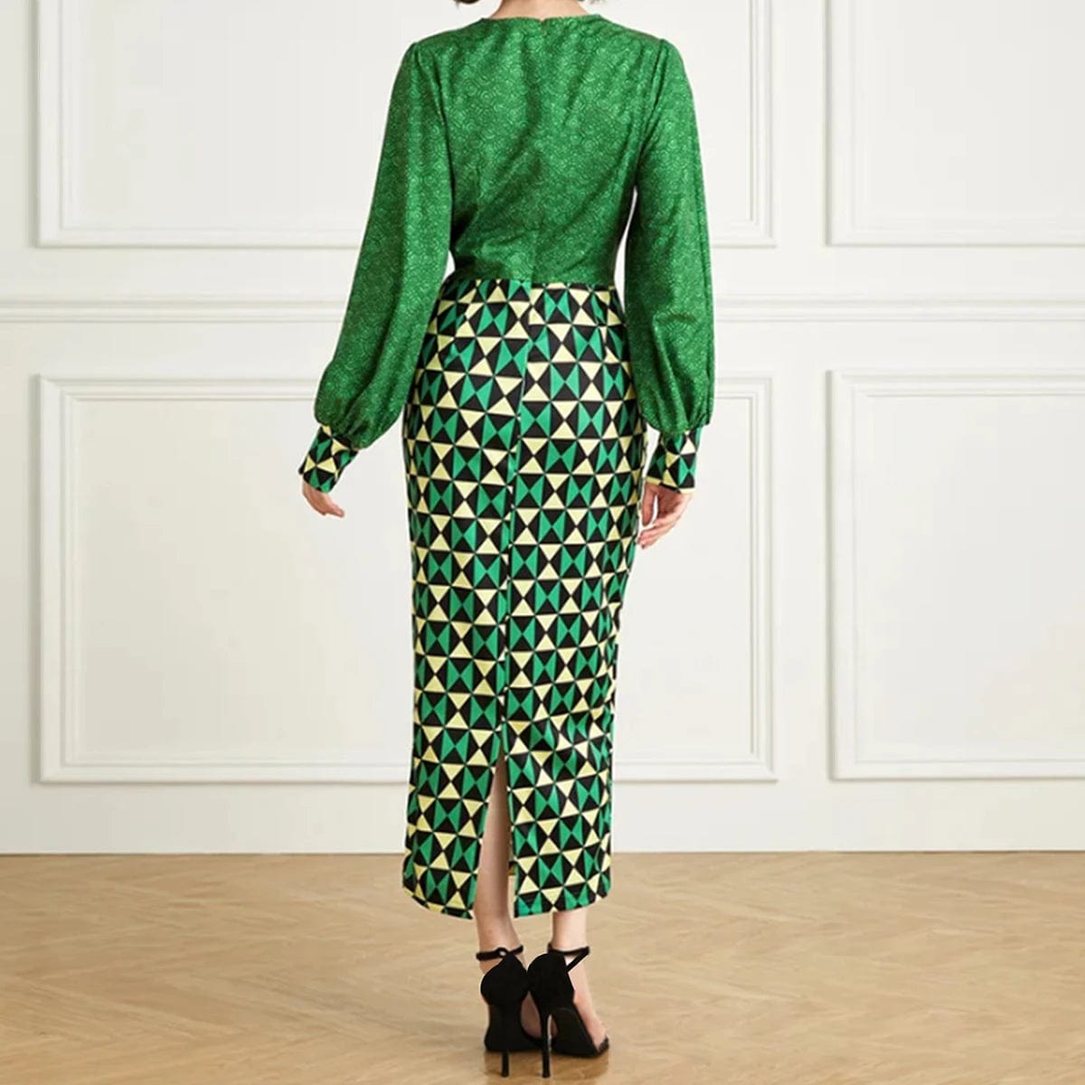 Fall Long Christmas Party Elegant Green Plus Size Women Printed Dress
