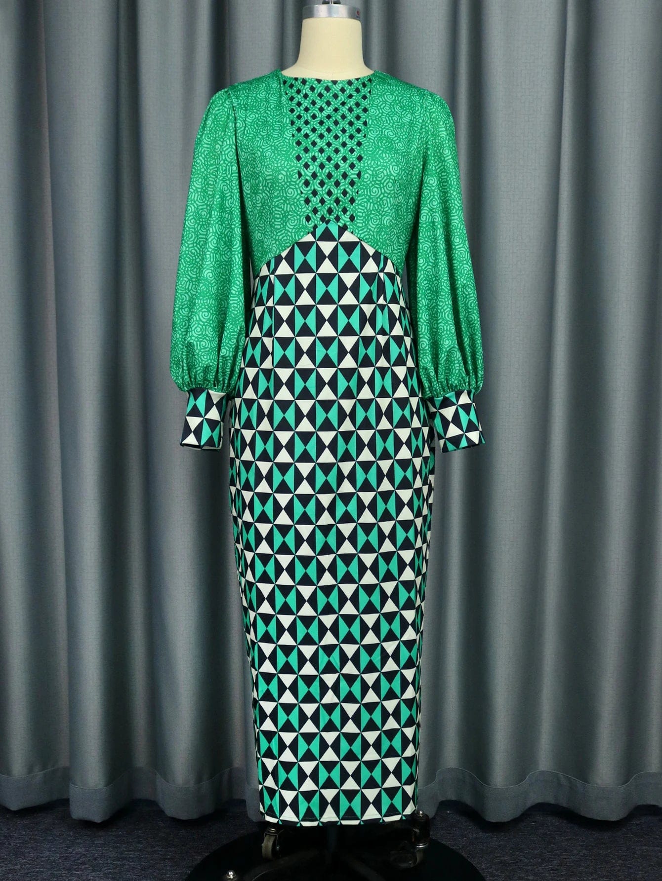 Fall Long Christmas Party Elegant Green Plus Size Women Printed Dress