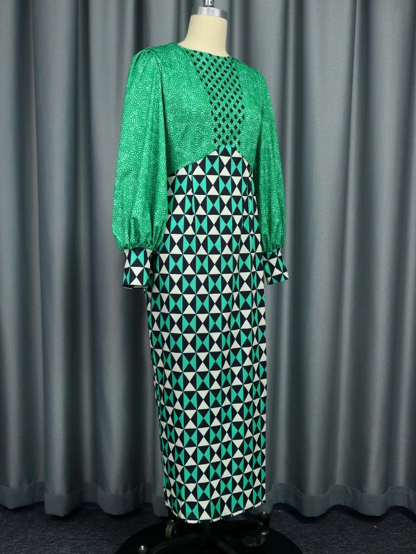 Fall Long Christmas Party Elegant Green Plus Size Women Printed Dress