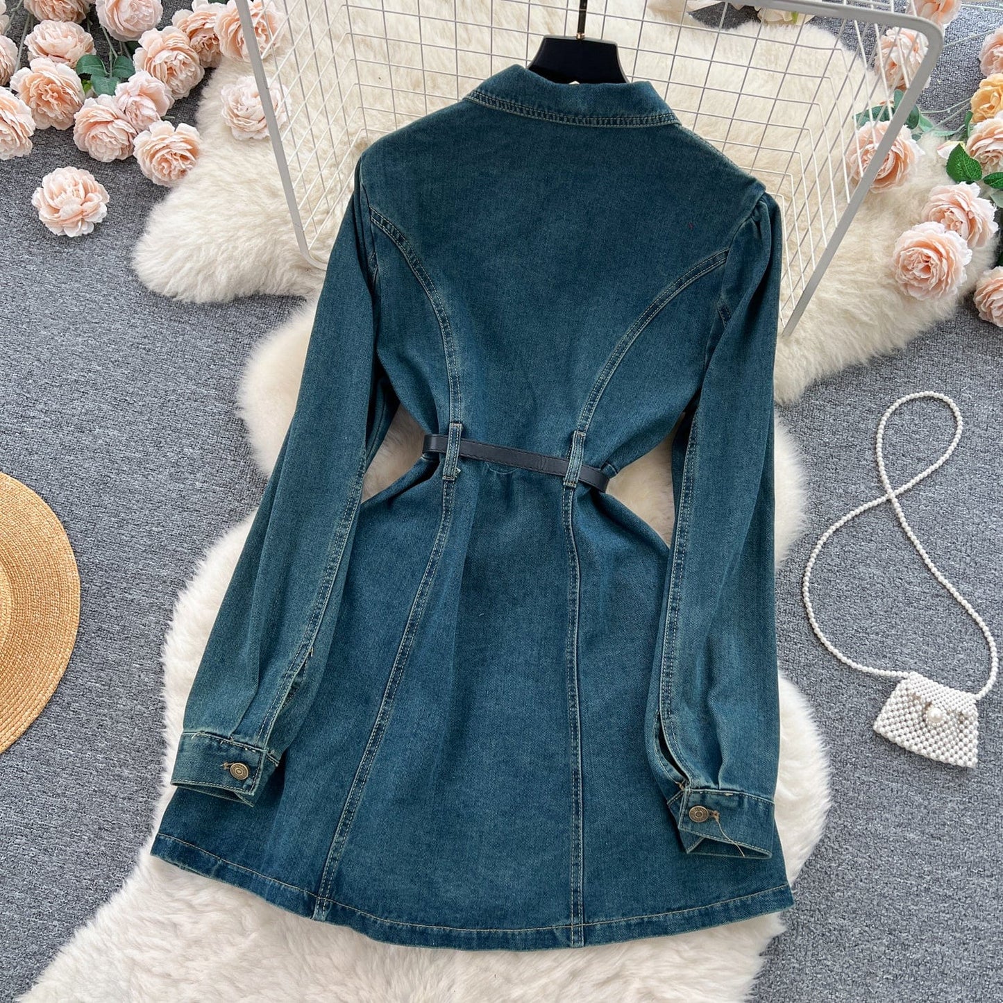 Fall New Age-Reducing Single-Breasted A-Line Dress Vintage Denim Long-Sleeved Dress Women