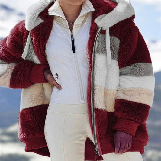 Fall Winter 2022 Warm Plush Patchwork Zipper Pocket Hooded Loose Coat Plus Size Women's Jacket