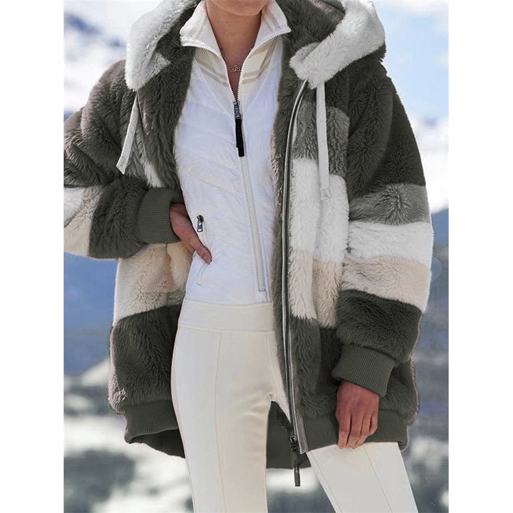 Fall Winter 2022 Warm Plush Patchwork Zipper Pocket Hooded Loose Coat Plus Size Women's Jacket