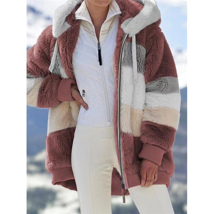 Fall Winter 2022 Warm Plush Patchwork Zipper Pocket Hooded Loose Coat Plus Size Women's Jacket