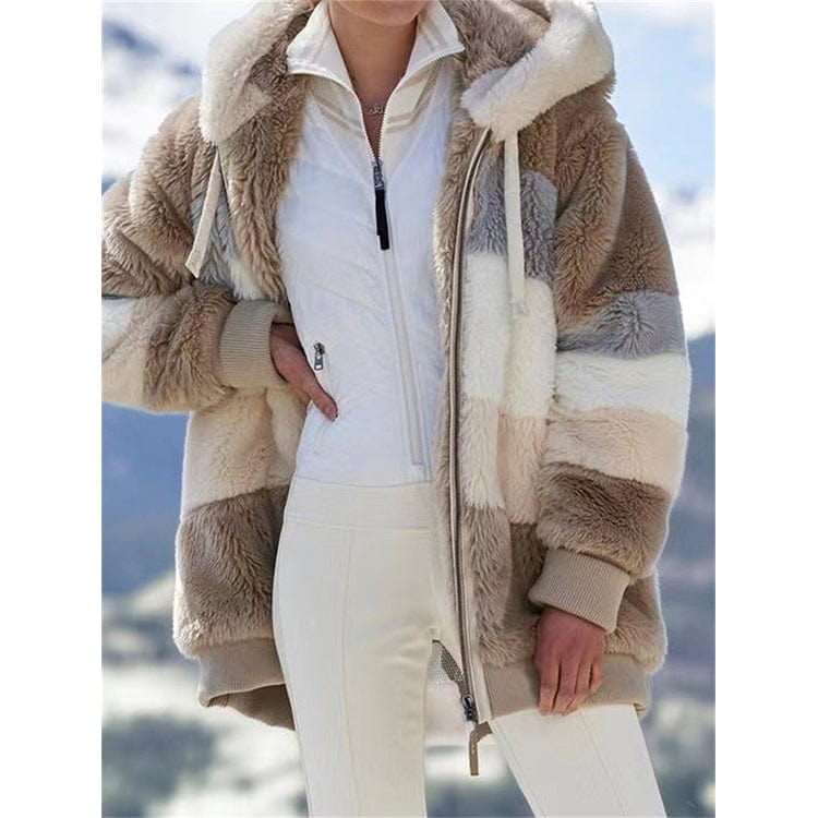 Fall Winter 2022 Warm Plush Patchwork Zipper Pocket Hooded Loose Coat Plus Size Women's Jacket