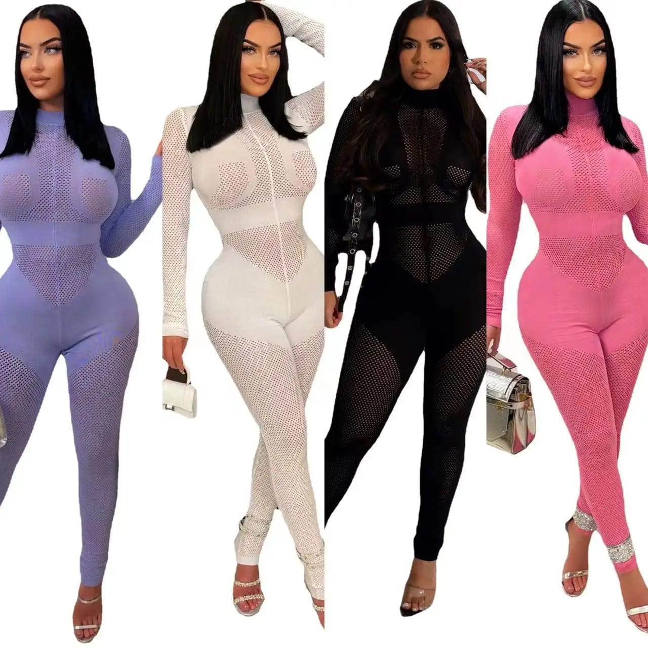 Fall Winter Clothing 2023 New Arrivals Women Birthday Jumpsuit Tight Fitting See Through Sexy Long Sleeve Knit Sweater Jumpsuit