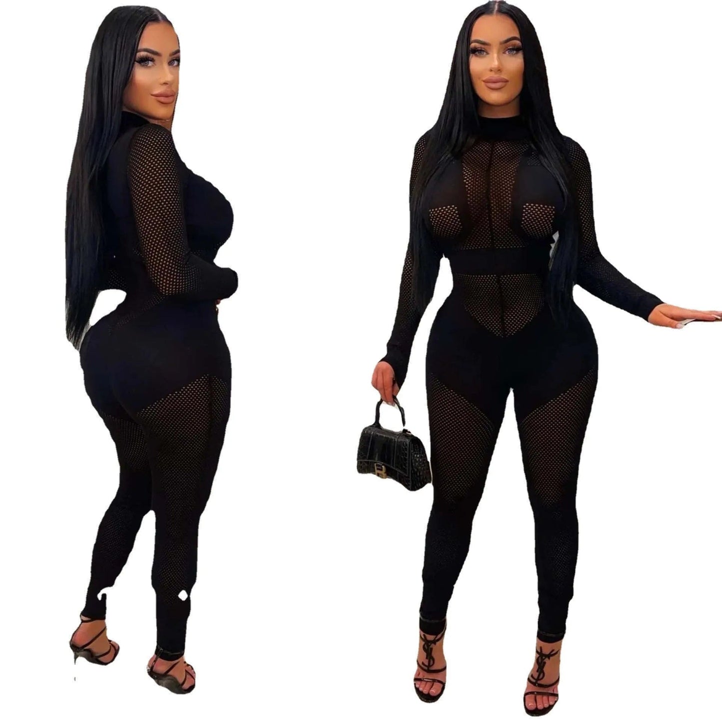 Fall Winter Clothing 2023 New Arrivals Women Birthday Jumpsuit Tight Fitting See Through Sexy Long Sleeve Knit Sweater Jumpsuit