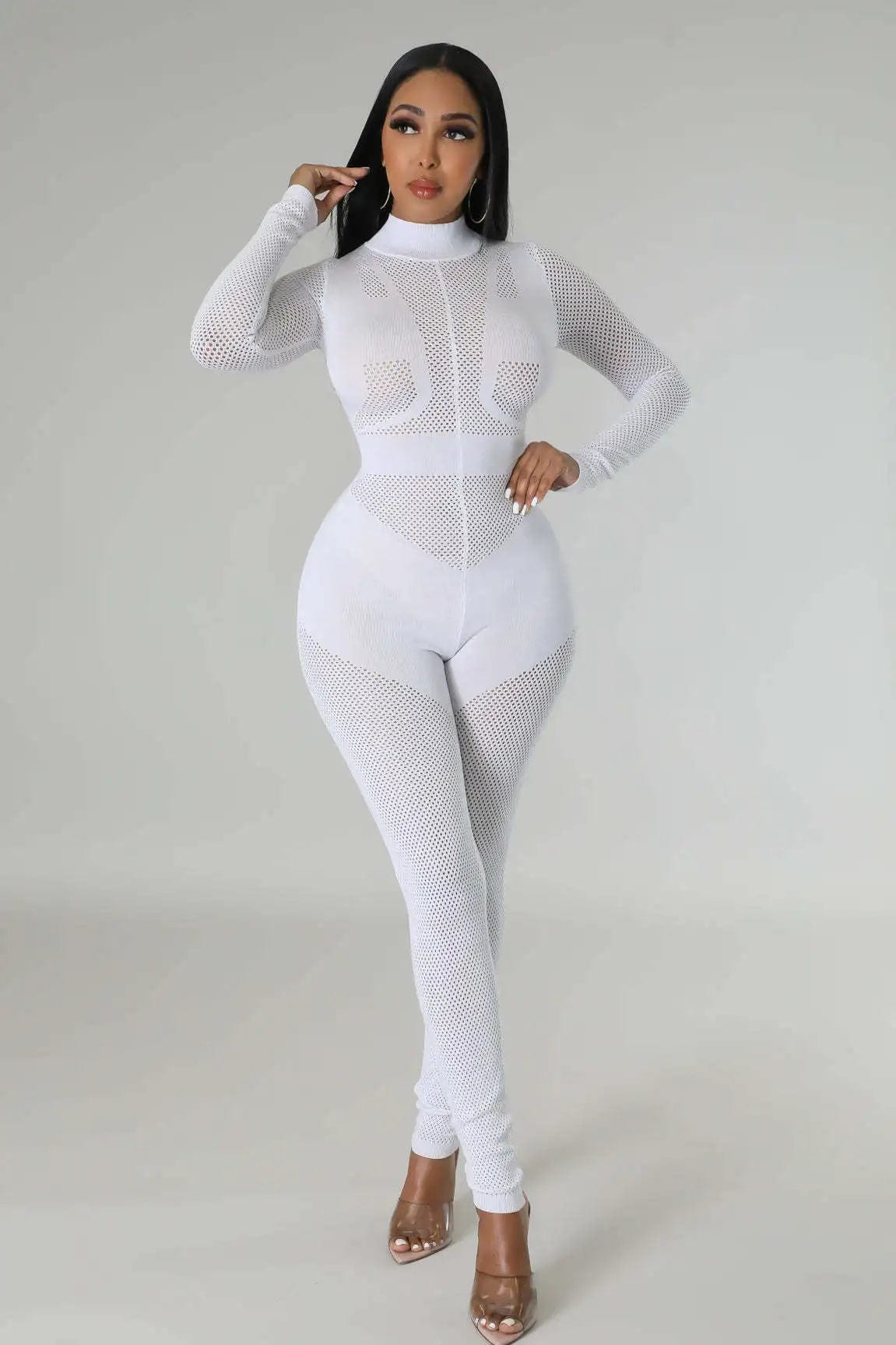 Fall Winter Clothing 2023 New Arrivals Women Birthday Jumpsuit Tight Fitting See Through Sexy Long Sleeve Knit Sweater Jumpsuit