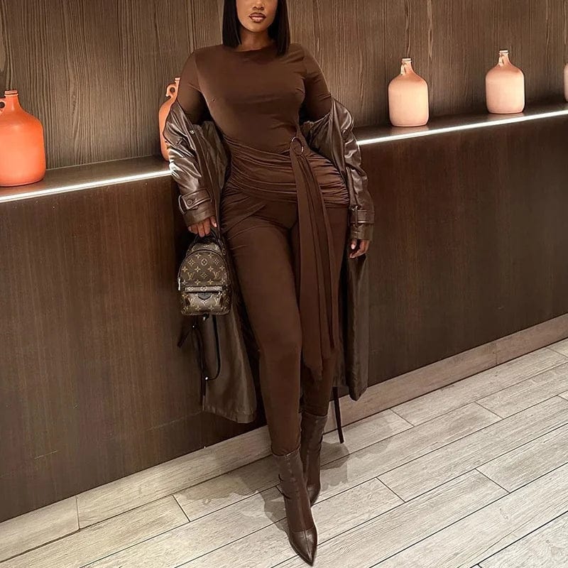 Fall Winter Fashion Casual Long Sleeve Plain Bodycon Sexy Lady Crossed Belt Romper Playsuits Jumpsuit Women