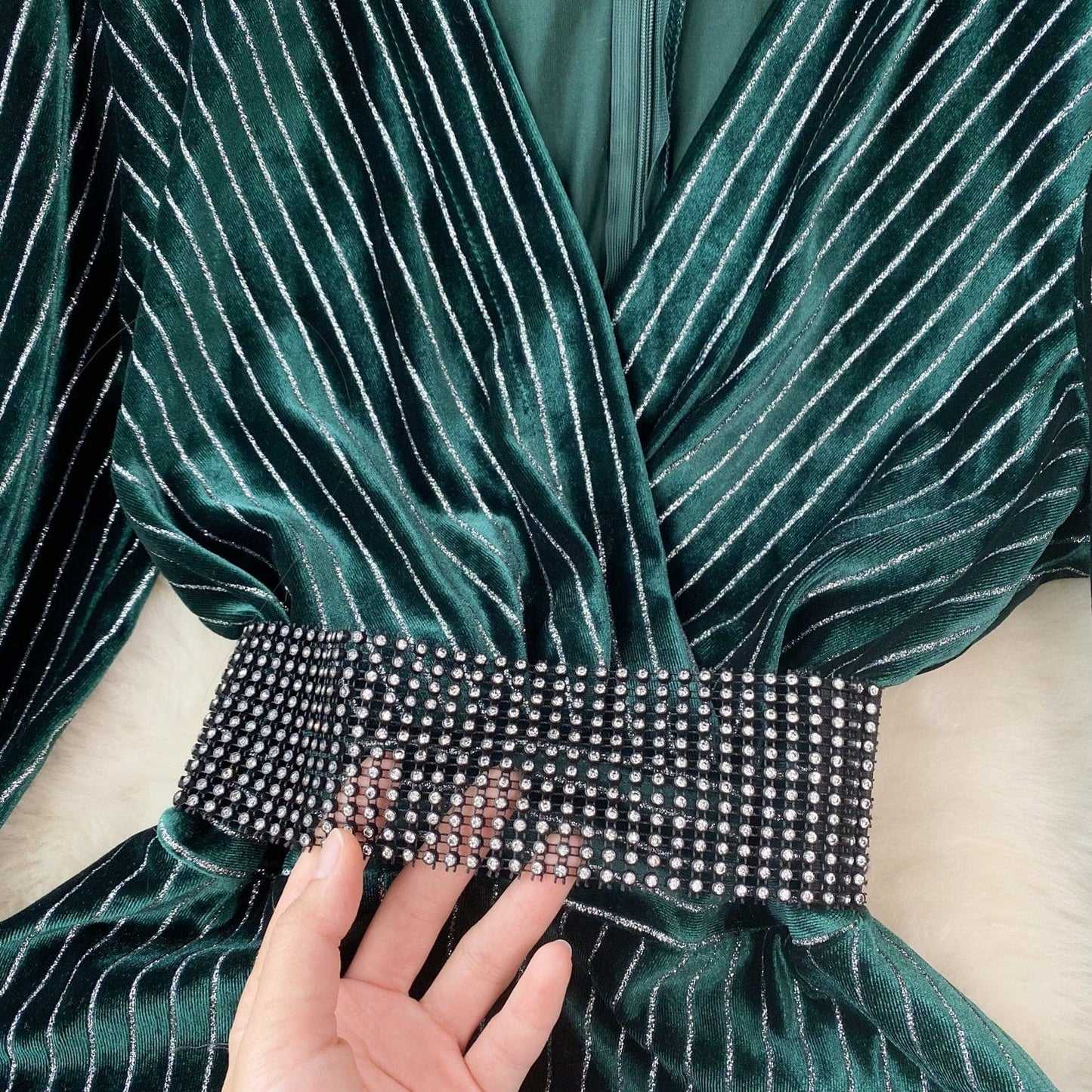 Fall Winter Fashion High-End Elegant Waist Drop Sequin Velvet Dress