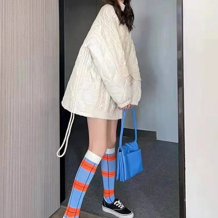 Fall winter fashion ladies patchwork knitted top casual side drawstring high neck pullover sweater women