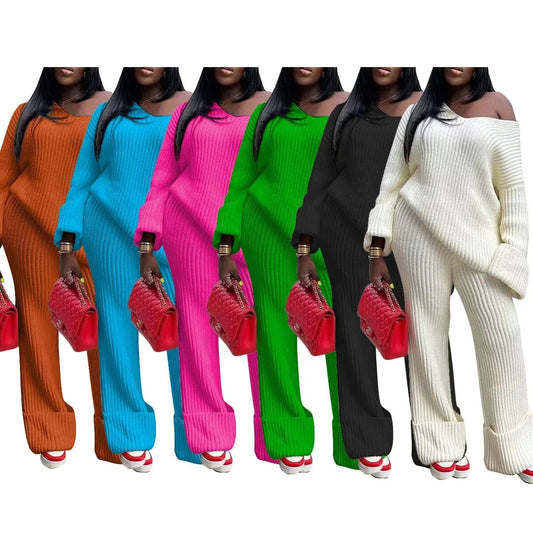 Fall Winter Female Two 2 Pieces Clothing Sets Casual V Neck Loose Knit Pullover Sweater Pant Sets For Women