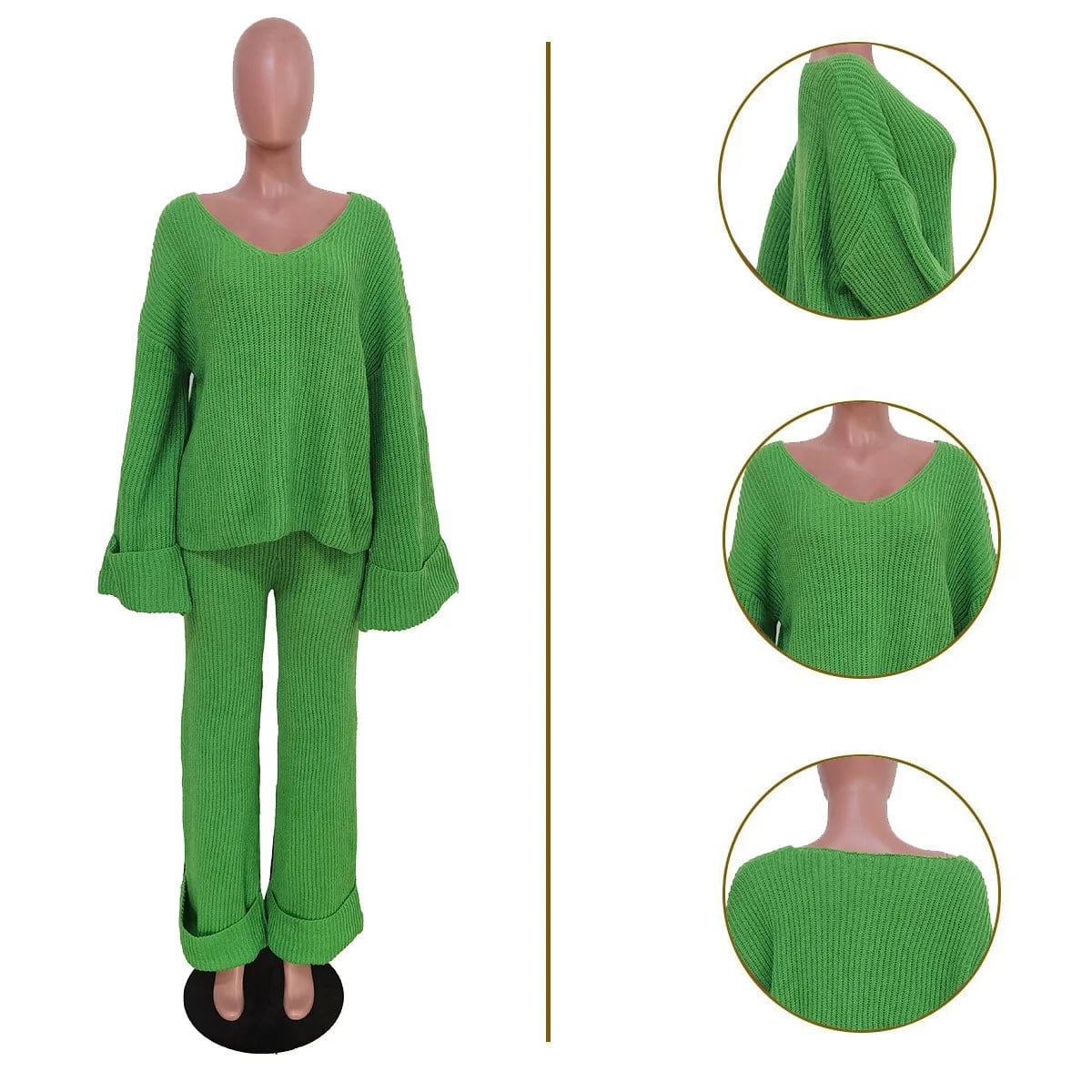 Fall Winter Female Two 2 Pieces Clothing Sets Casual V Neck Loose Knit Pullover Sweater Pant Sets For Women