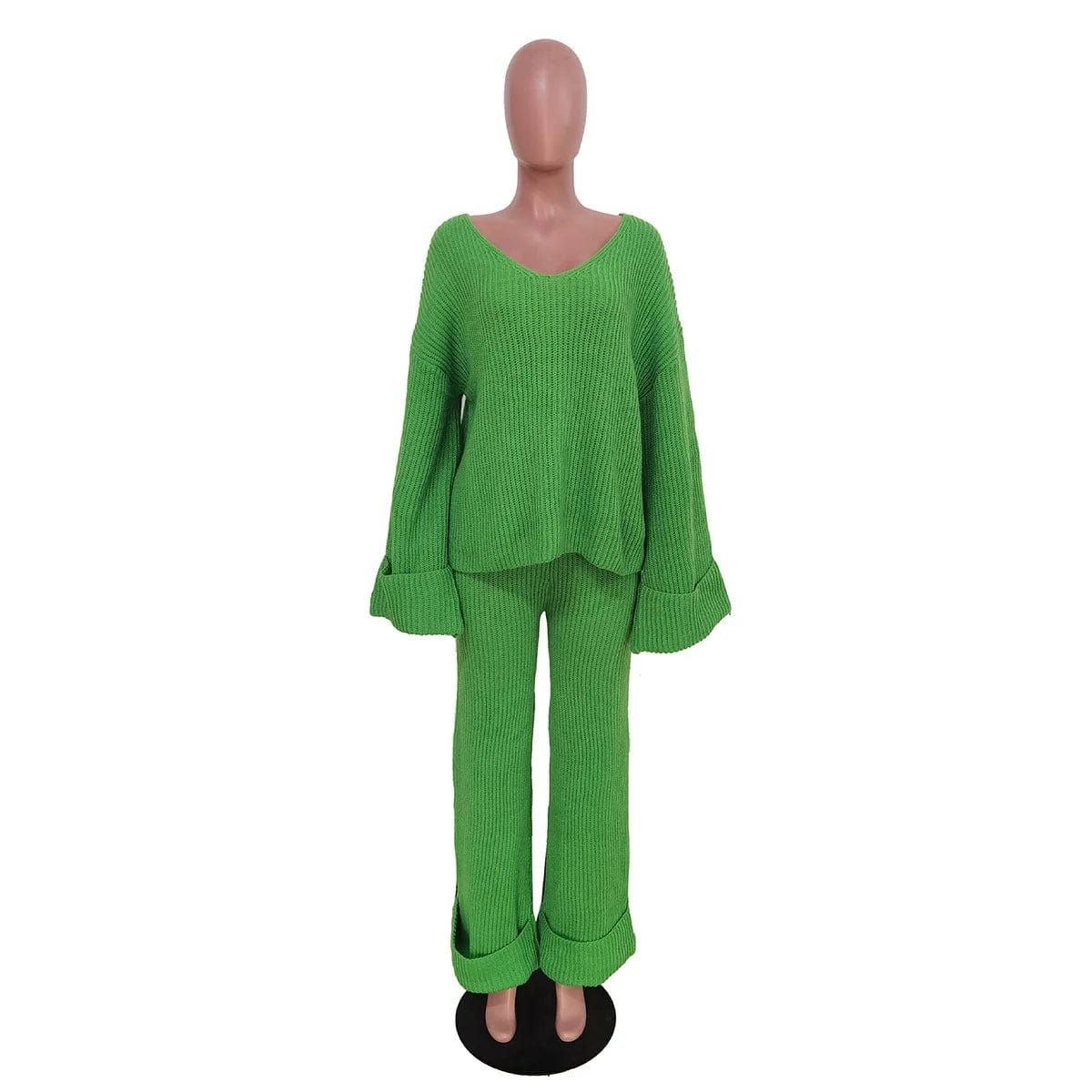 Fall Winter Female Two 2 Pieces Clothing Sets Casual V Neck Loose Knit Pullover Sweater Pant Sets For Women