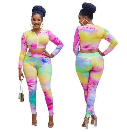 Fall Winter Full Zip Up Tie Dye Crop Tops Sport Outfits 2 Two Pieces Pants Set Women Clothing Bodycon Ladies Outfits