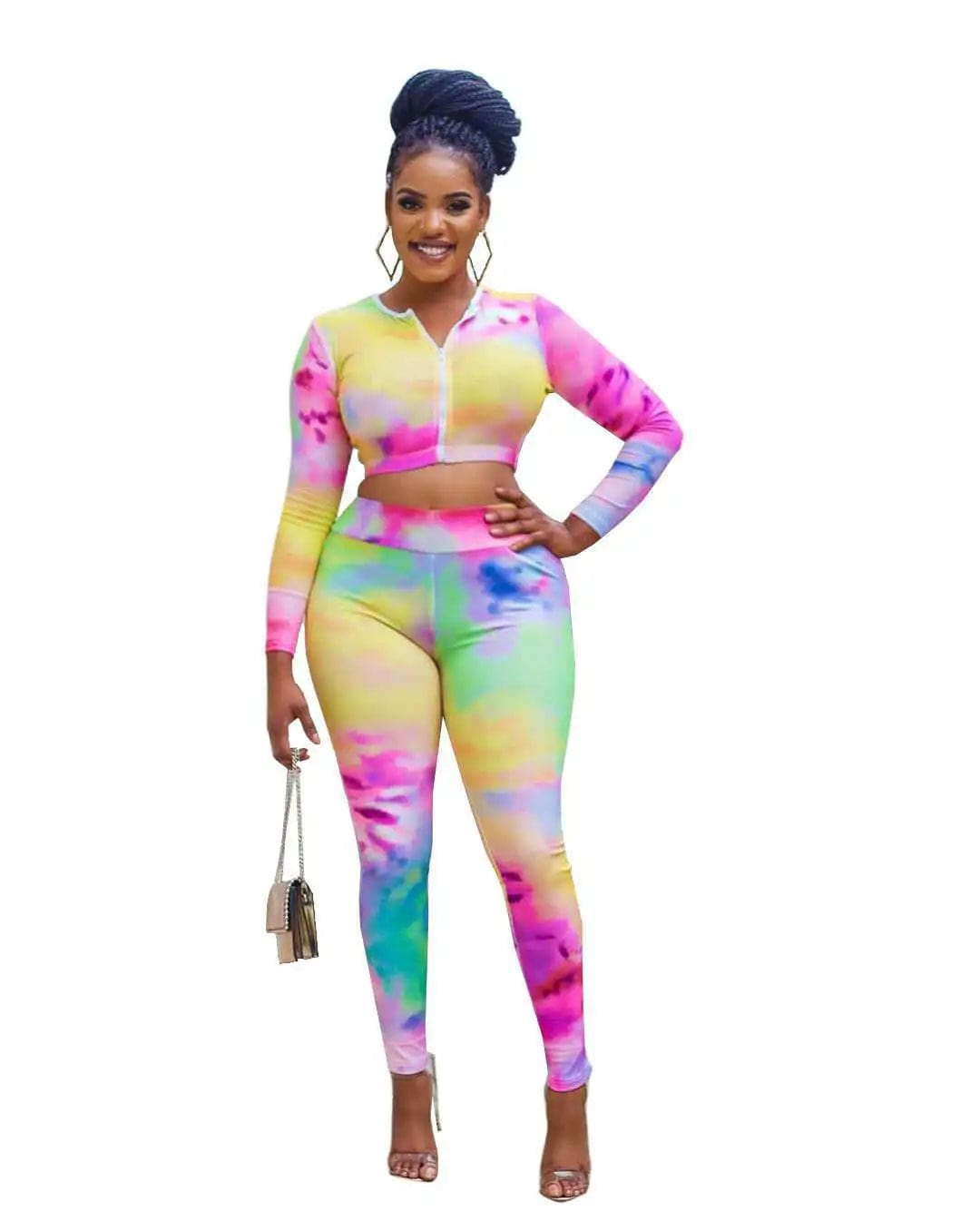 Fall Winter Full Zip Up Tie Dye Crop Tops Sport Outfits 2 Two Pieces Pants Set Women Clothing Bodycon Ladies Outfits