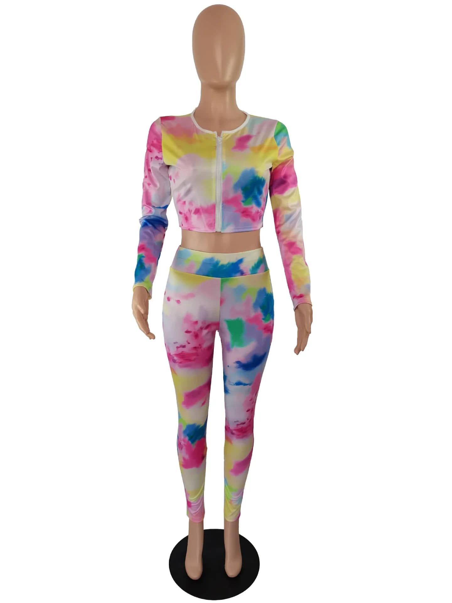 Fall Winter Full Zip Up Tie Dye Crop Tops Sport Outfits 2 Two Pieces Pants Set Women Clothing Bodycon Ladies Outfits