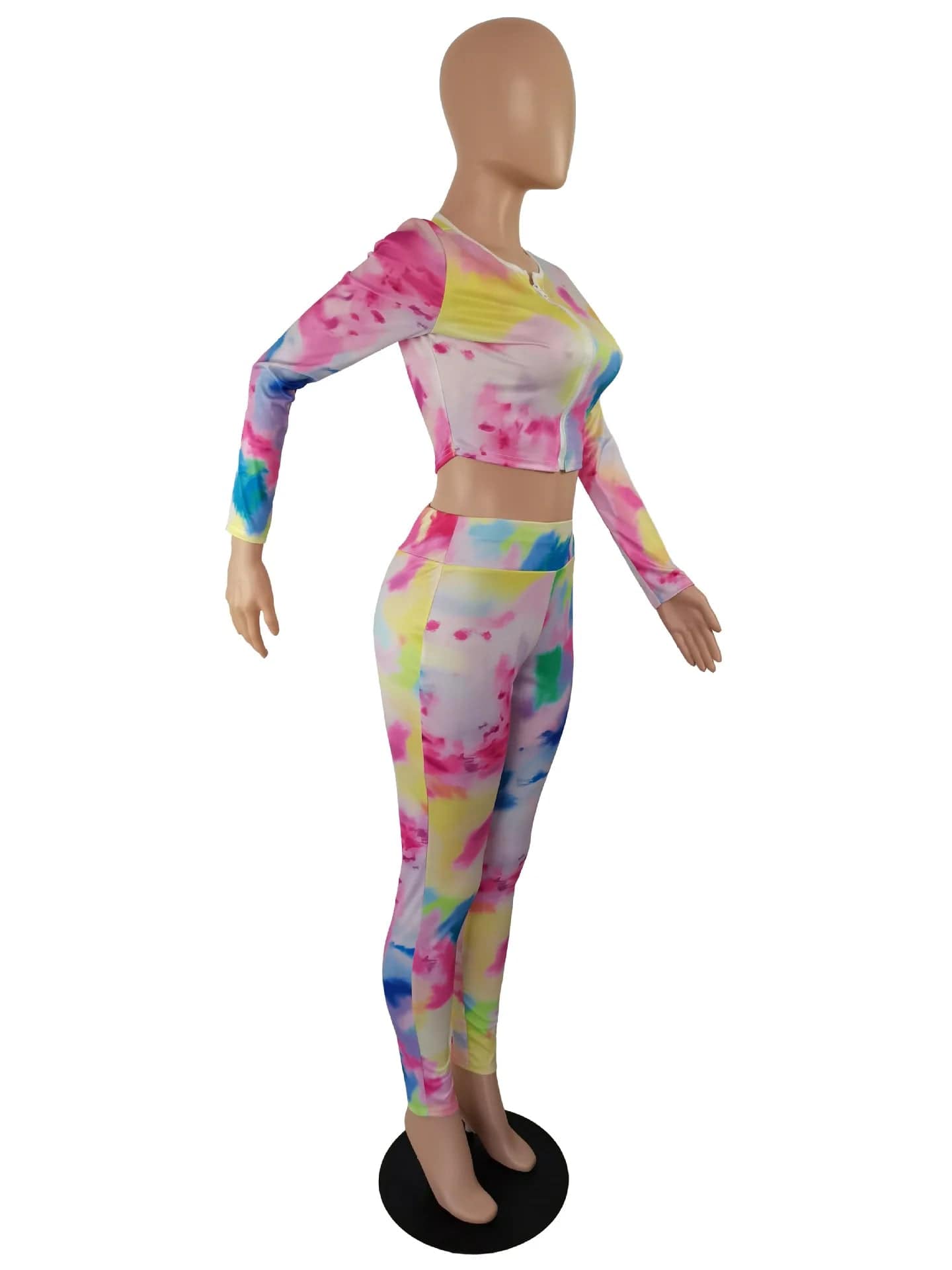 Fall Winter Full Zip Up Tie Dye Crop Tops Sport Outfits 2 Two Pieces Pants Set Women Clothing Bodycon Ladies Outfits