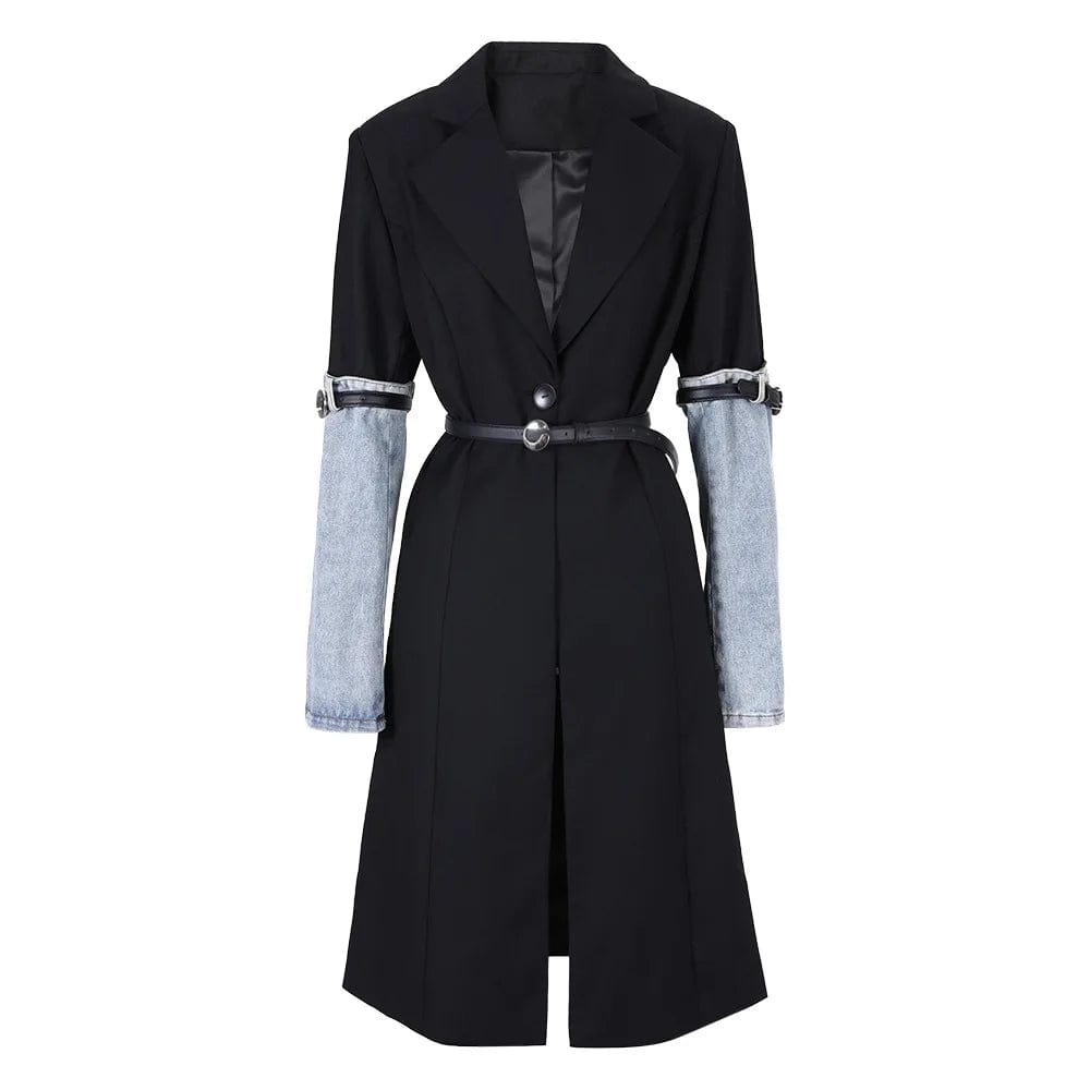 Fall Winter Unique Lady Patchwork Denim Trench Coat Belt Ladies Elegant Blazer Long Jacket For Women