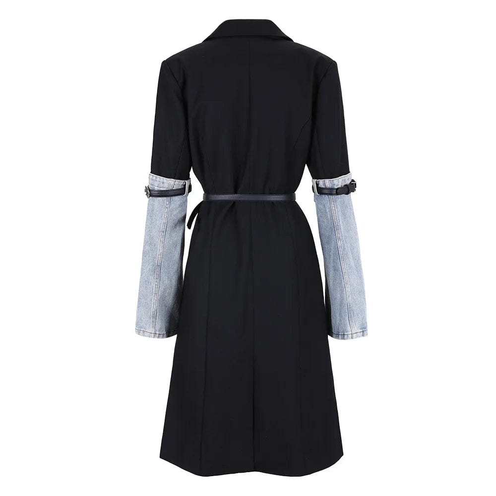 Fall Winter Unique Lady Patchwork Denim Trench Coat Belt Ladies Elegant Blazer Long Jacket For Women