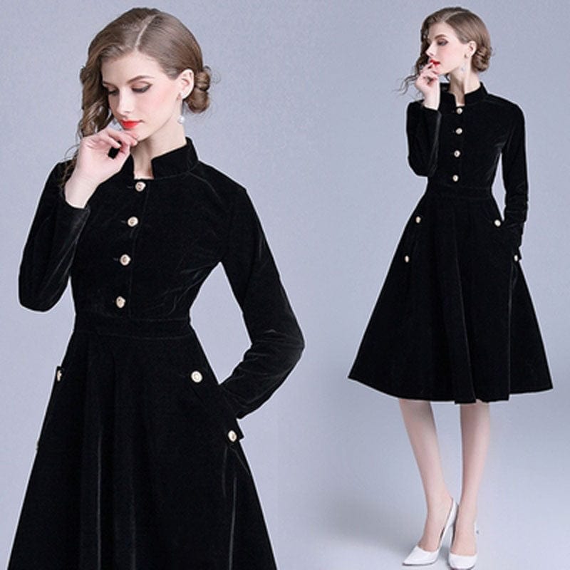 Fall/Winter velvet retro stand-up collar large swing dress Slim long sleeve dress TA307088