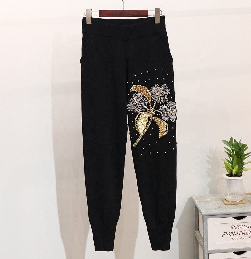 Fall winter vintage ladies casual sweater and jogger set beaded floral knitted sets women two piece sweater set for women
