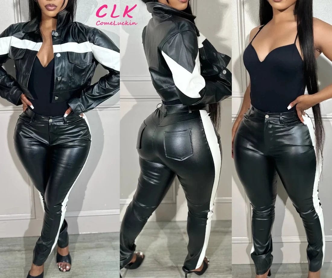 Fall Winter Women Set PU leather pants and crop top Two Piece Set Long Sleeve Single-breastedjackets 2 piece set clothing women