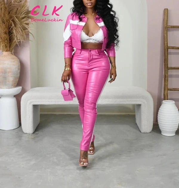 Fall Winter Women Set PU leather pants and crop top Two Piece Set Long Sleeve Single-breastedjackets 2 piece set clothing women