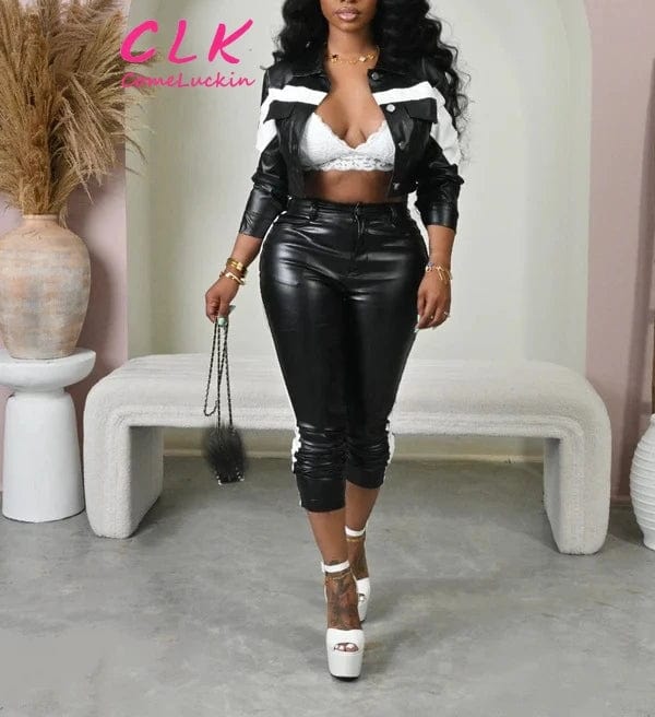 Fall Winter Women Set PU leather pants and crop top Two Piece Set Long Sleeve Single-breastedjackets 2 piece set clothing women