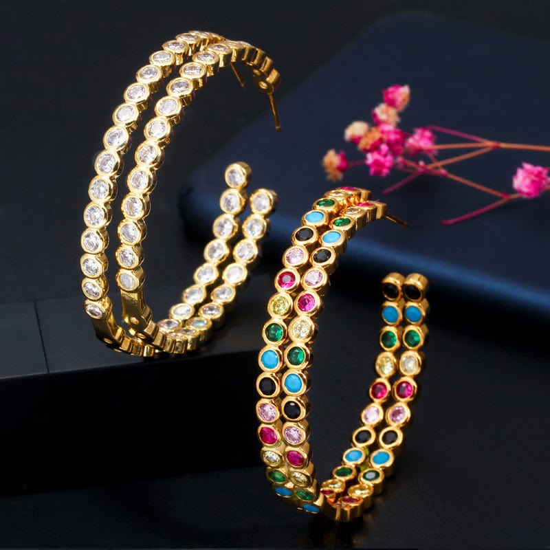 Fashion 18k Gold Plated Cubic Zirconia Stone Bezel Setting Big Size Round Circle Hoop Earrings for Women Party Memorial Day Gift