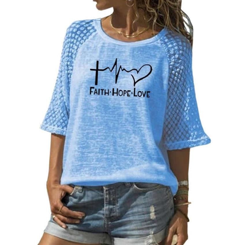 Fashion 2022 Casual T Shirt For Women Faith Hope Love Letters Print T Shirt Female Women Summer Plus Size 3/4 Sleeve Tops Tees