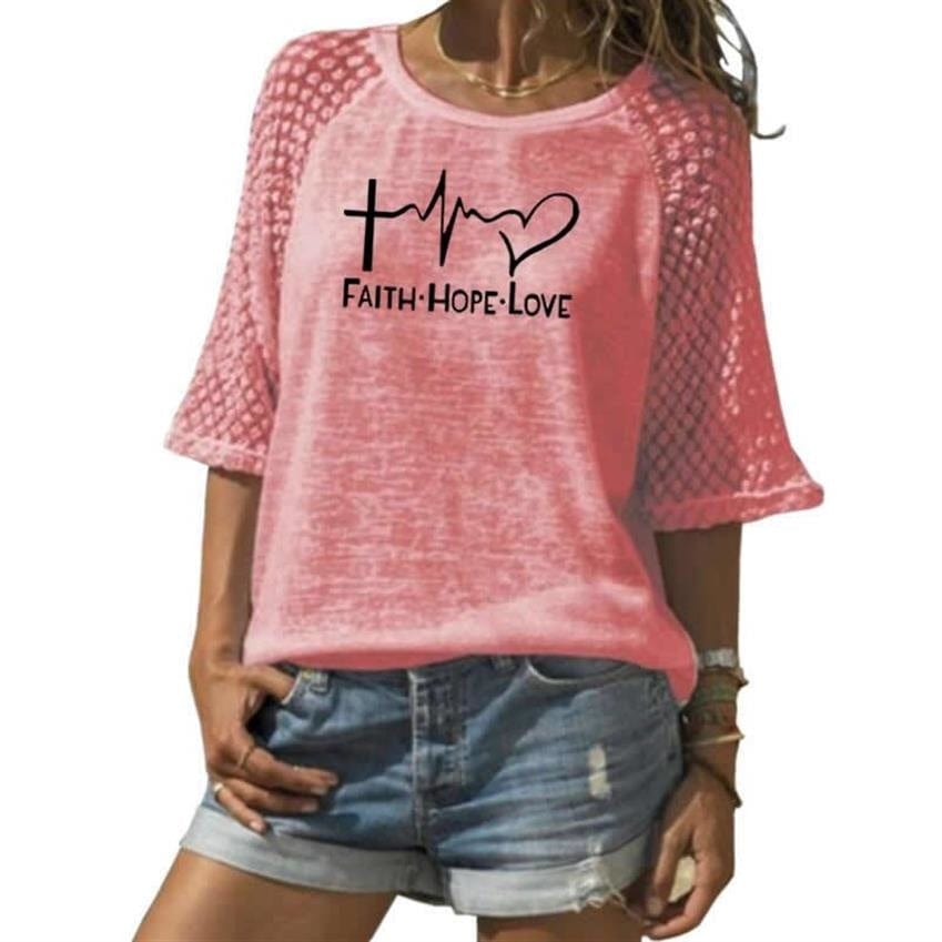 Fashion 2022 Casual T Shirt For Women Faith Hope Love Letters Print T Shirt Female Women Summer Plus Size 3/4 Sleeve Tops Tees