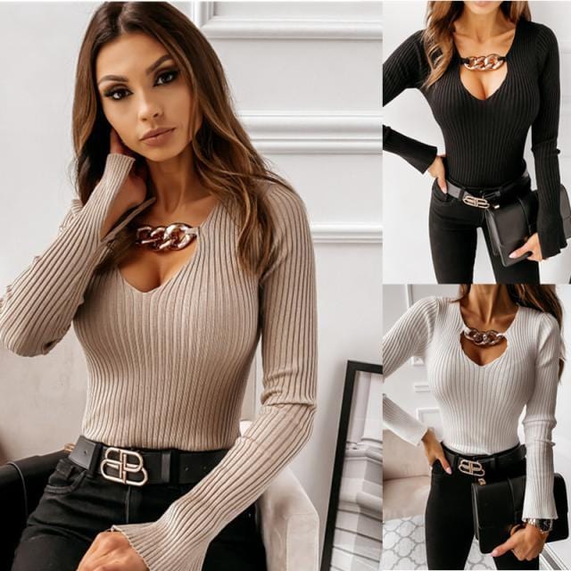 Fashion autumn and winter chain decoration shirt sexy long sleeve bottoming top women Coldker