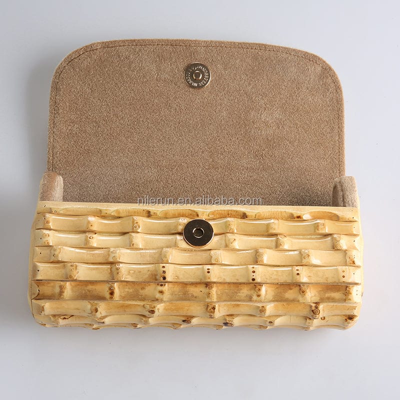 Fashion bamboo wood rattan straw bag High quality Nilerun brand handmade hard bamboo rhizome bamboo root clutch bag purse wallet