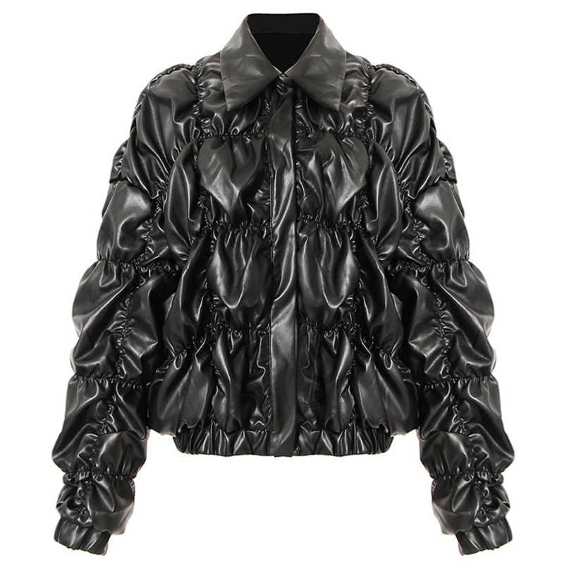 Fashion Black PU Ruched Coat womens bubble coat women jackets leather for women 2022 winter