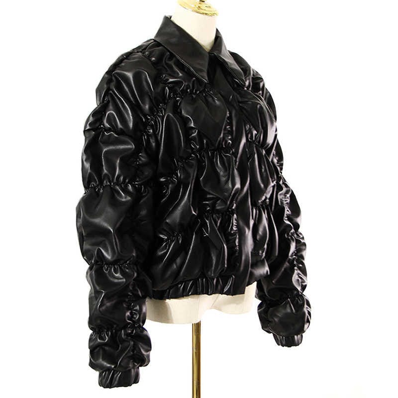 Fashion Black PU Ruched Coat womens bubble coat women jackets leather for women 2022 winter