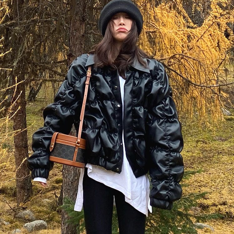Fashion Black PU Ruched Coat womens bubble coat women jackets leather for women 2022 winter