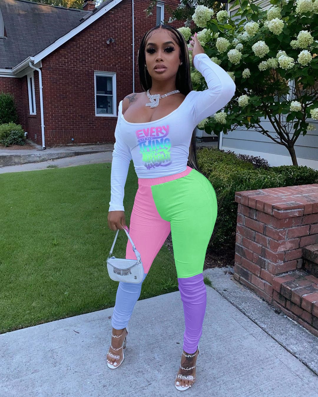 Fashion Blouse And Tight Pants, Two-piece Dress Set Of Positioning Printing Letters And Contrast Color two piece pants set for