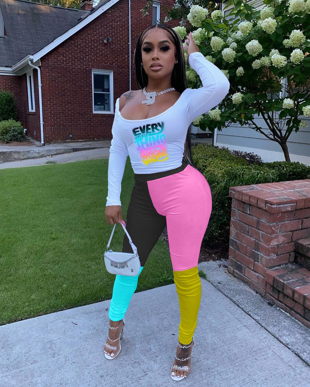 Fashion Blouse And Tight Pants, Two-piece Dress Set Of Positioning Printing Letters And Contrast Color two piece pants set for