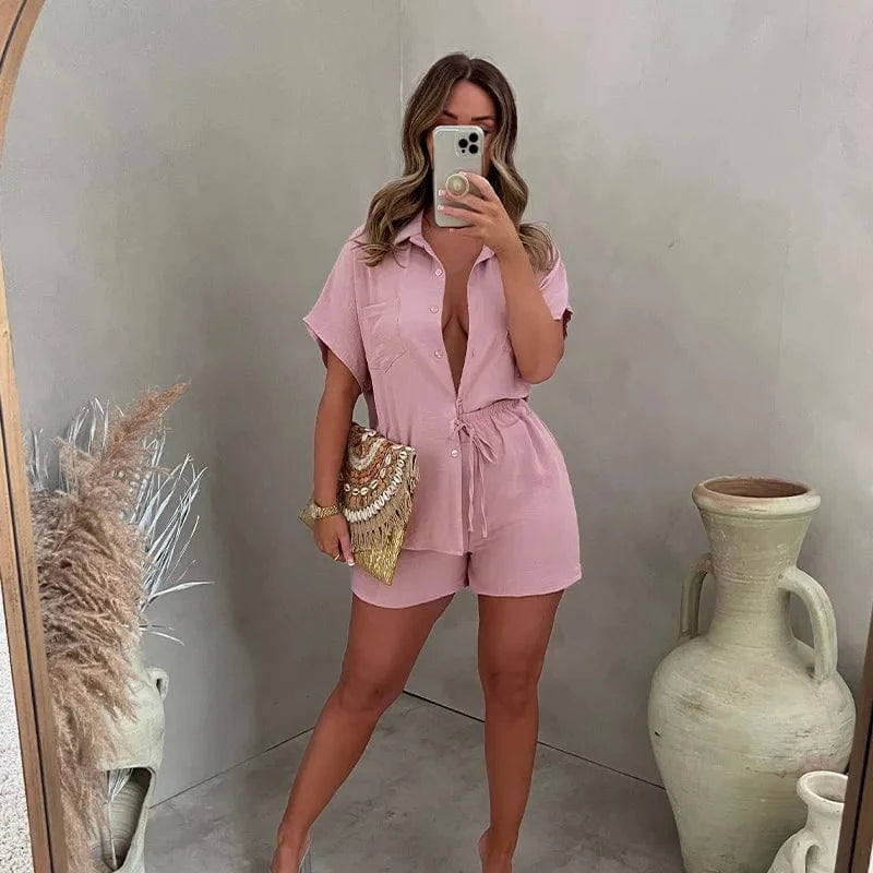 Fashion Casual Women's Suit Solid Color Classic Single-Breasted Short-Sleeved Shirt Elastic Waist Shorts Two-piece Set