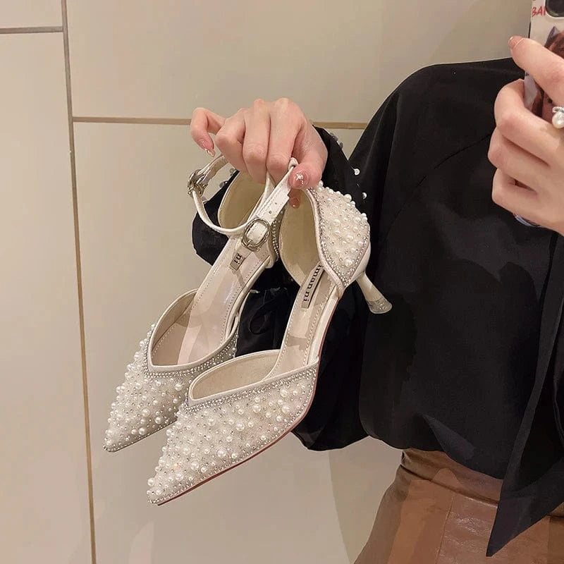 Fashion close toe sandals spring and summer new women's shoes one-line buckle strap pearl rhinestone high heel single shoe