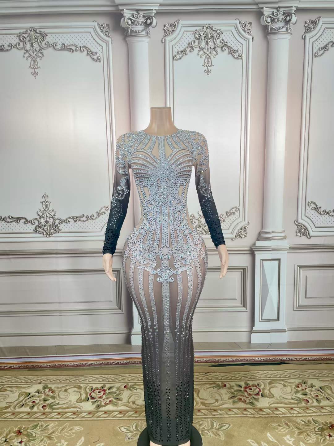 Fashion Clothes Bodycon Long Sleeve Prom Dresses 2022 Evening Gowns Sexy Rhinestone Printed Mesh See Through Secy Dress Party