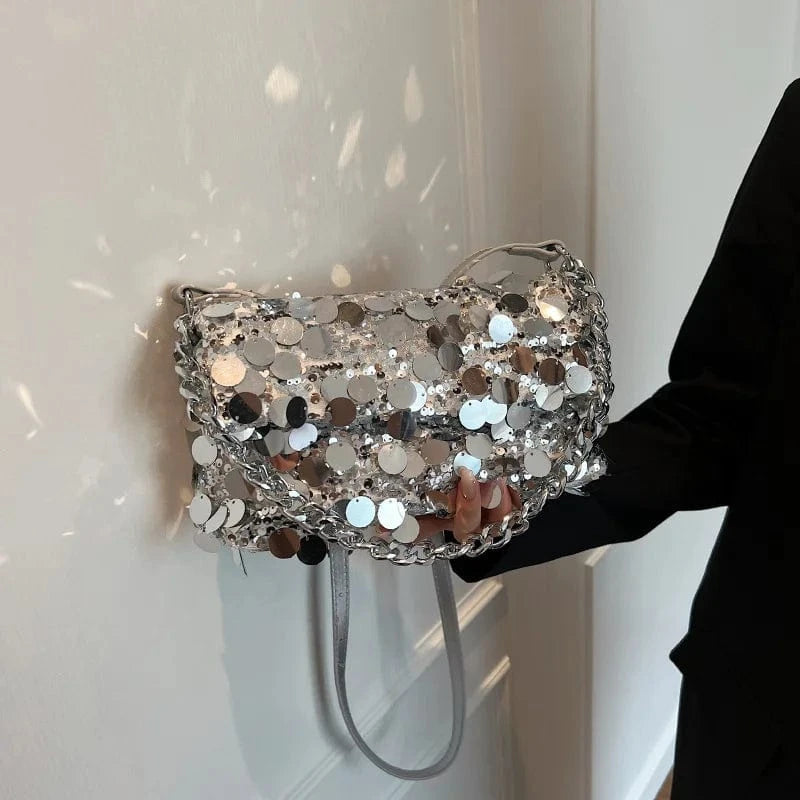 Fashion Design Clutch Purse Silver Sequin Handbags Rhinestone Tassel Evening Bags Women Elegant Shoulder Bags Shiny Party Bag