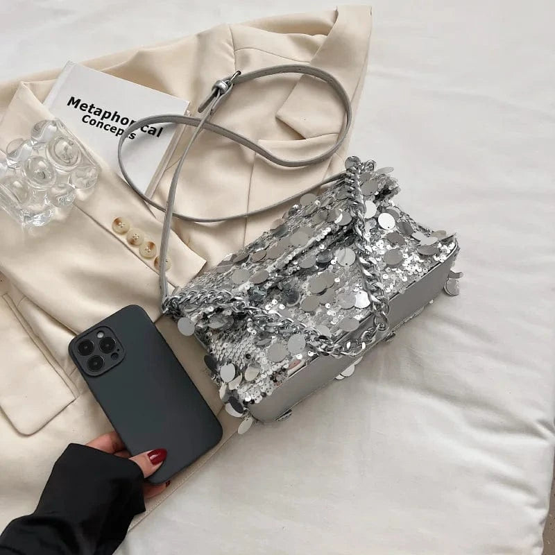 Fashion Design Clutch Purse Silver Sequin Handbags Rhinestone Tassel Evening Bags Women Elegant Shoulder Bags Shiny Party Bag