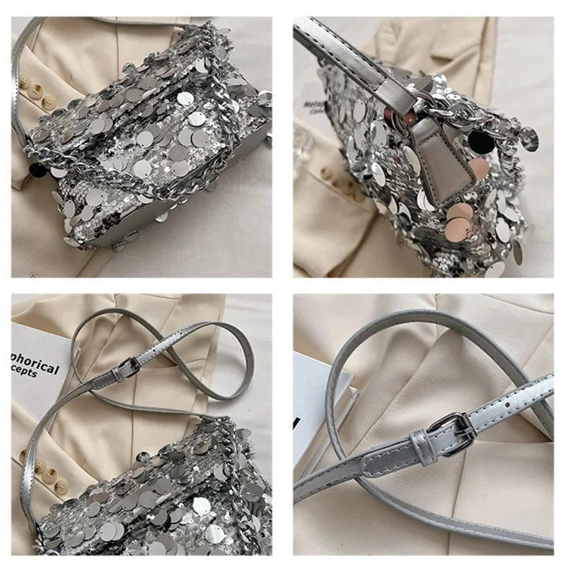 Fashion Design Clutch Purse Silver Sequin Handbags Rhinestone Tassel Evening Bags Women Elegant Shoulder Bags Shiny Party Bag