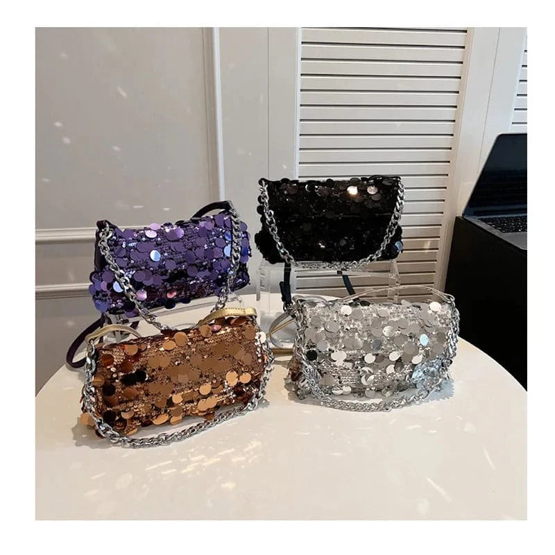 Fashion Design Clutch Purse Silver Sequin Handbags Rhinestone Tassel Evening Bags Women Elegant Shoulder Bags Shiny Party Bag