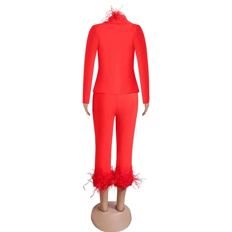 Fashion Fall Red Bandage Suit Feather Adorned Jacket Sexy Winter 2023 Two Piece Set For Women
