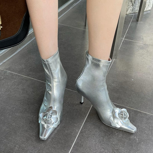 Fashion Flower PU Sewing Decoration 2023 New Solid Square Toe Thin High Heel Office Lady Ankle Boots Zippers 35-39 Women Shoes