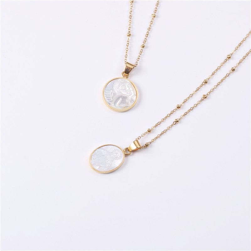 Fashion Jewelry 18K Gold Plated Cowry Angel & Jesus Round Card Pendant Clavicle Necklace Stainless Steel Jewelry