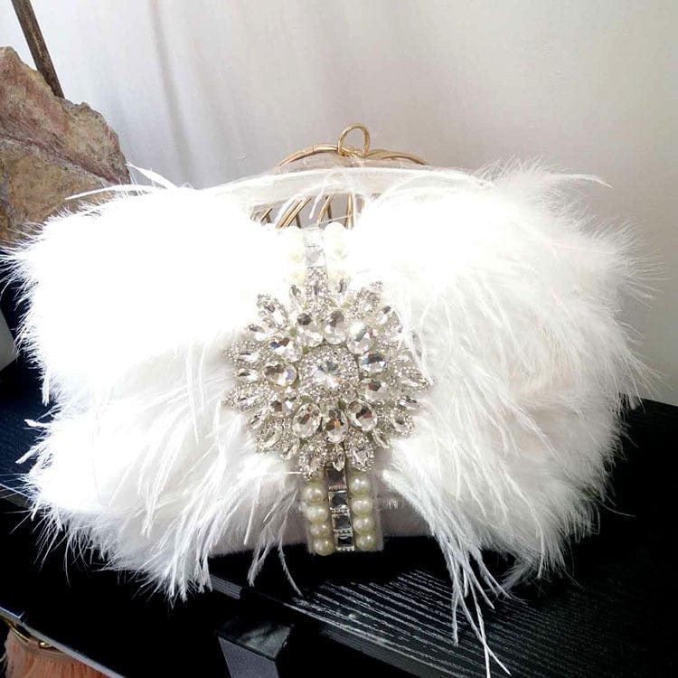 Fashion Ladies Diamond Clutch Tote Bag with Ostrich Feather Shoulder Purse Wedding Clutch  Fur Bags For Woman